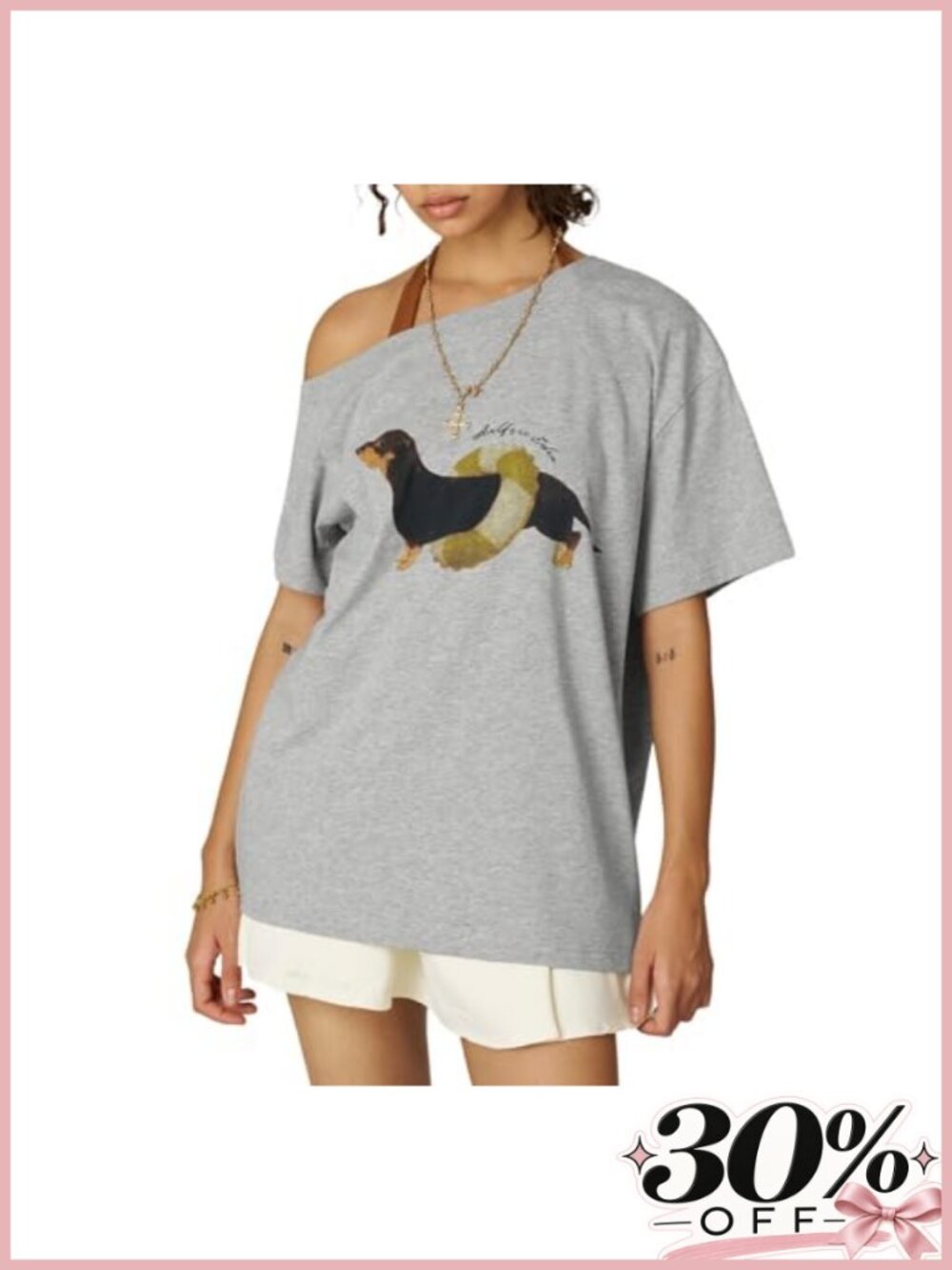 Oversized Off Shoulder Graphic Tee Dachshund Print Summer Y2K Top